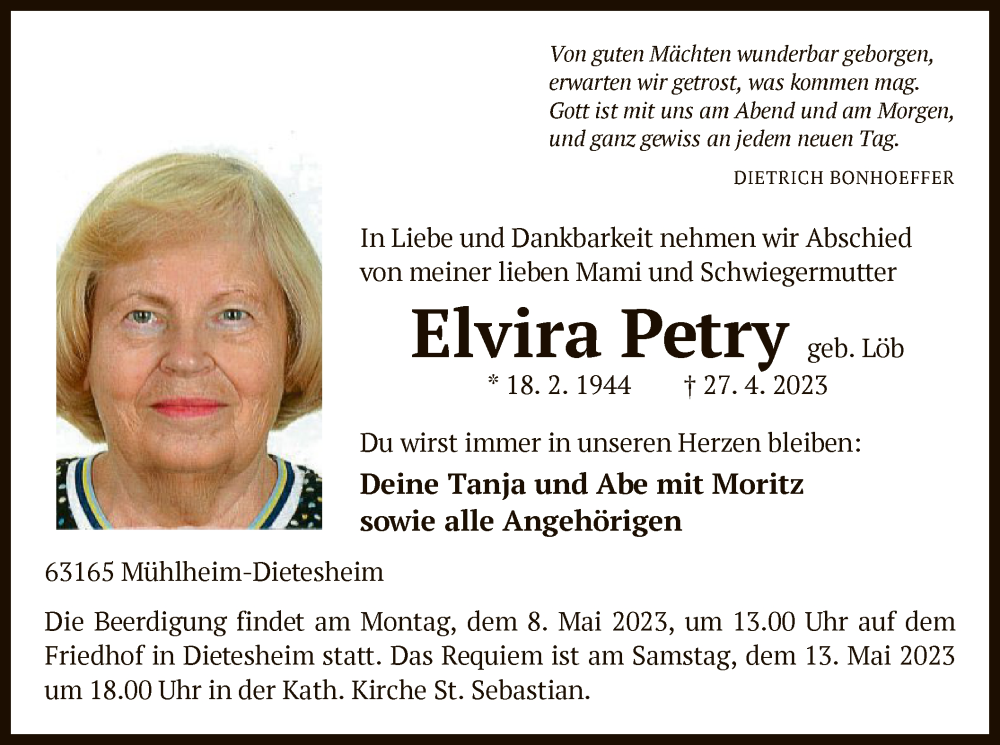  Traueranzeige für Elvira Petry vom 06.05.2023 aus OF