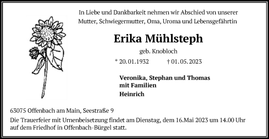 Traueranzeige von Erika Mühlsteph von OF