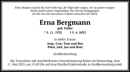 Traueranzeige von Erna Bergmann von OF