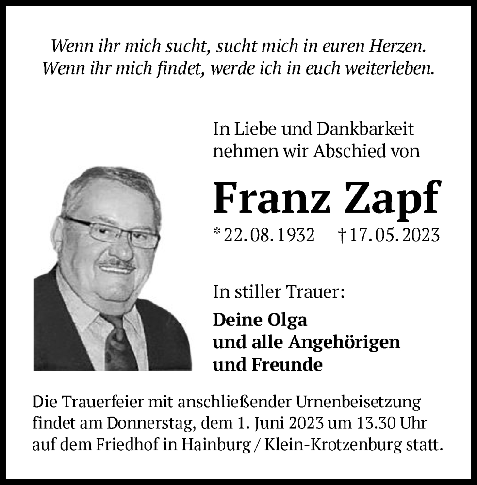  Traueranzeige für Franz Zapf vom 24.05.2023 aus OF