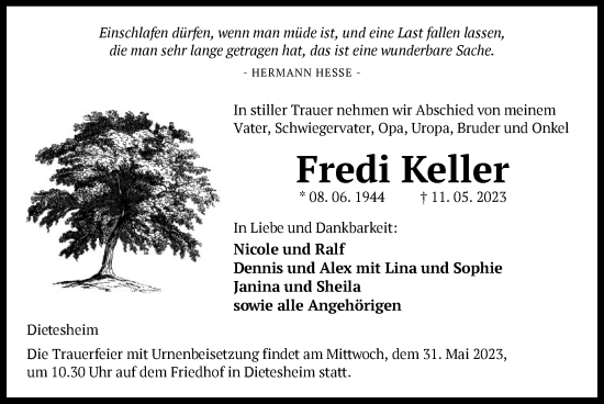 Traueranzeige von Fredi Keller von OF