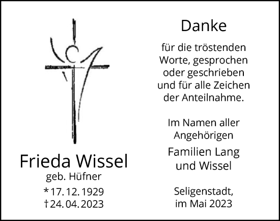 Traueranzeige von Frieda Wissel von OF