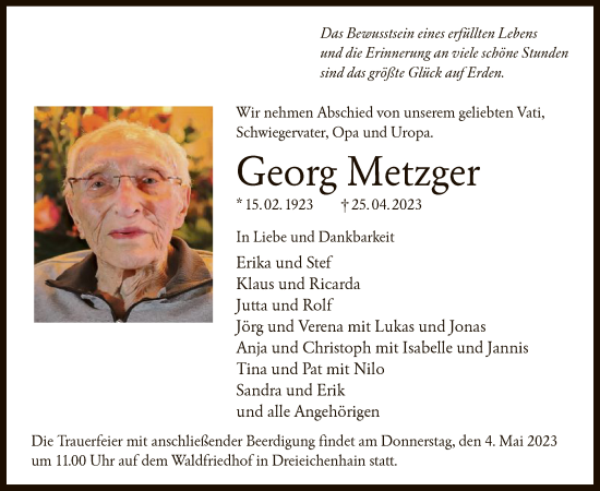 Traueranzeige von Georg Metzger von OF