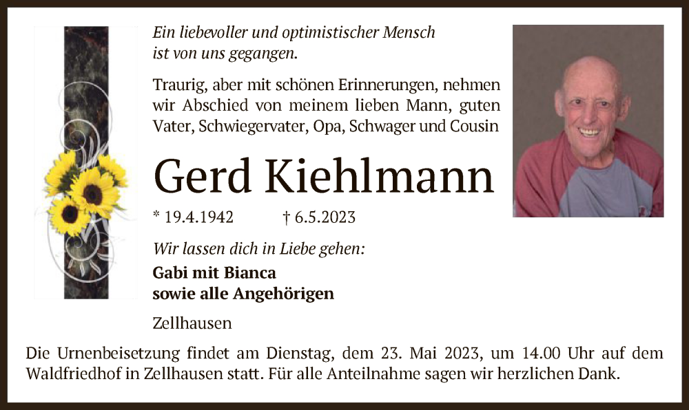  Traueranzeige für Gerd Kiehlmann vom 20.05.2023 aus OF