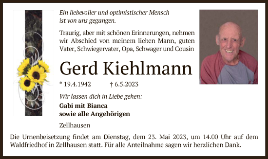 Traueranzeige von Gerd Kiehlmann von OF