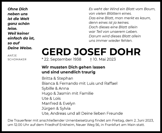 Traueranzeige von Gerd Josef Dohr von OF