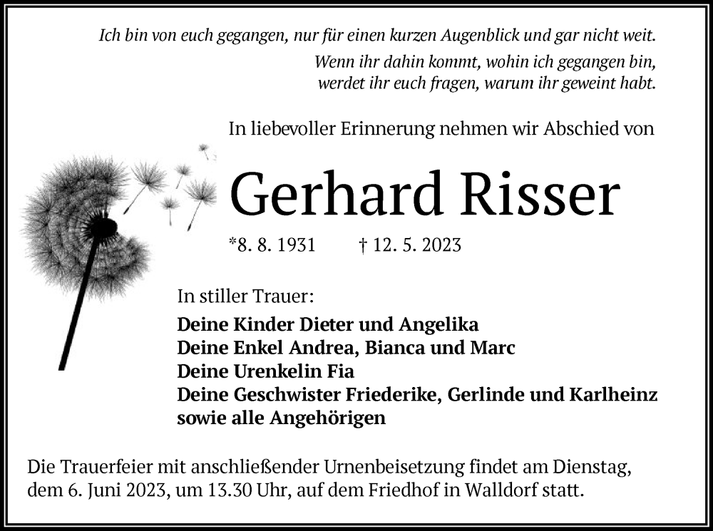  Traueranzeige für Gerhard Risser vom 26.05.2023 aus OF
