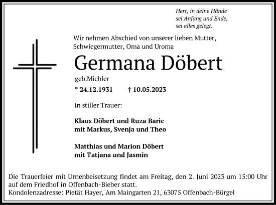 Traueranzeige von Germana Döbert von OF