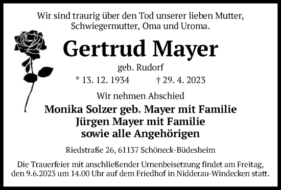 Traueranzeige von Gertrud Mayer von OF