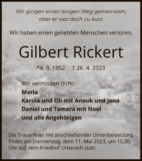 Traueranzeige von Gilbert Rickert von OF