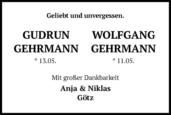 Traueranzeige von Gudrun und Wolfgang Gehrmann von OF