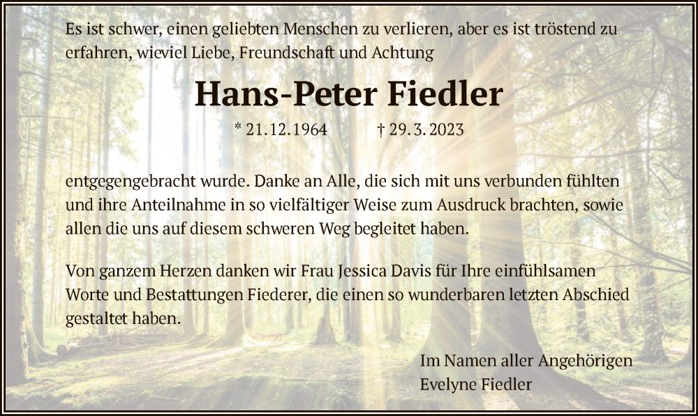  Traueranzeige für Hans-Peter Fiedler vom 26.05.2023 aus OF