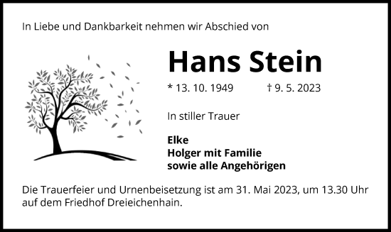 Traueranzeige von Hans Stein von OF