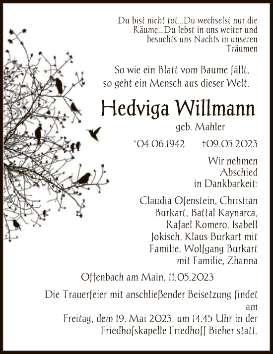 Traueranzeige von Hedviga Willmann von OF