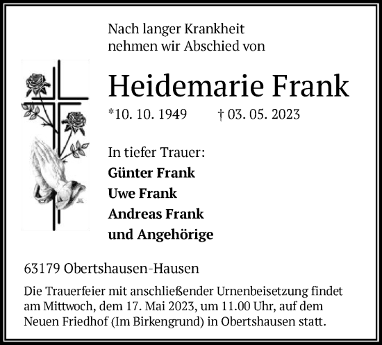 Traueranzeige von Heidemarie Frank von OF