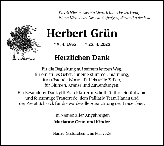 Traueranzeige von Herbert Grün von OF