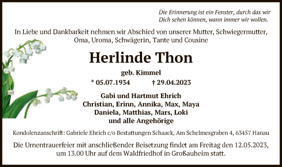 Traueranzeige von Herlinde Thon von OF