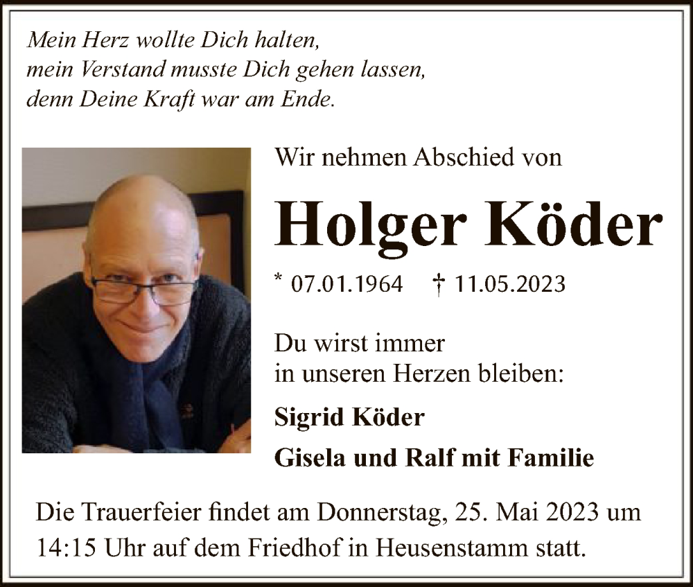  Traueranzeige für Holger Köder vom 17.05.2023 aus OF