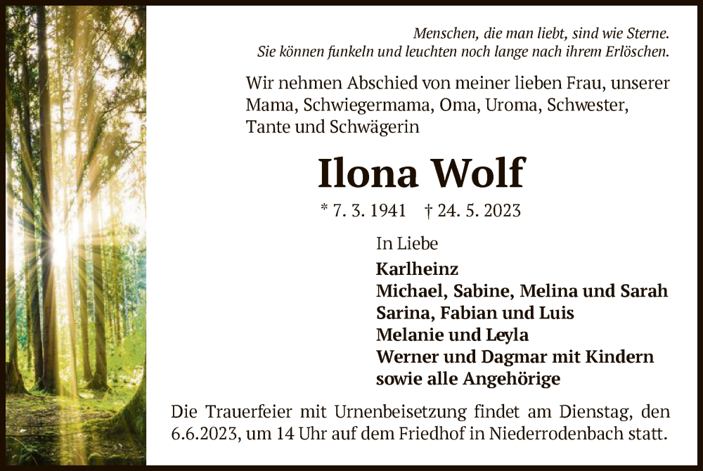  Traueranzeige für Ilona Wolf vom 27.05.2023 aus OF