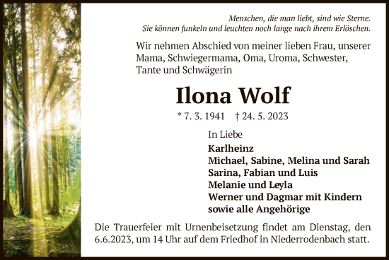 Traueranzeige von Ilona Wolf von OF