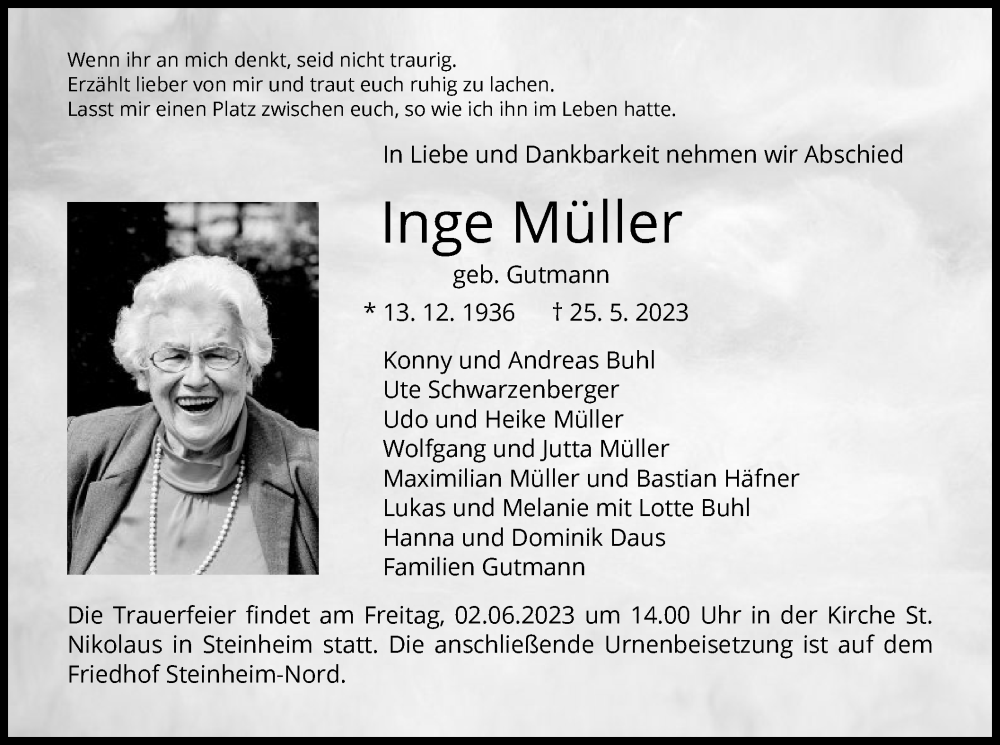  Traueranzeige für Inge Müller vom 31.05.2023 aus OF