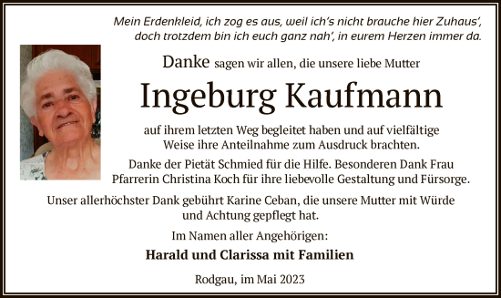 Traueranzeige von Ingeburg Kaufmann von OF