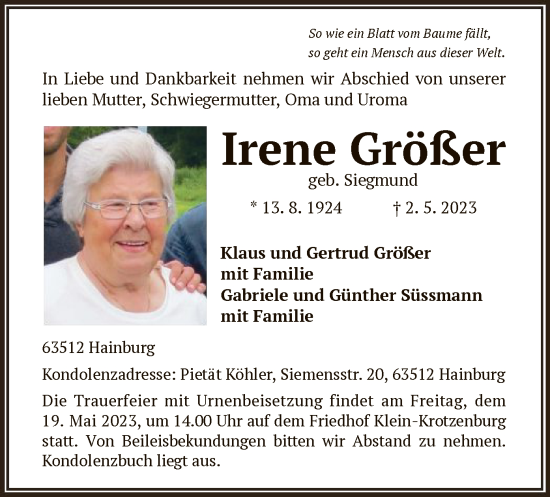 Traueranzeigen von Irene Größer | trauer.op-online.de