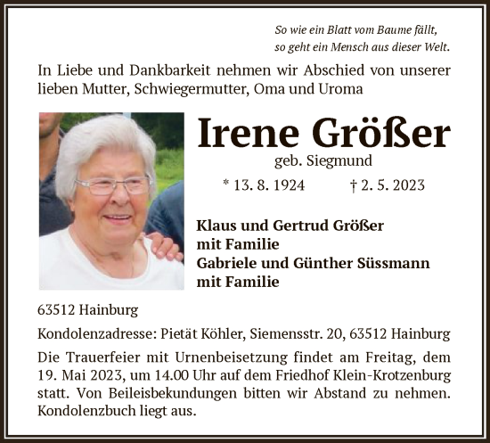 Traueranzeige von Irene Größer von OF