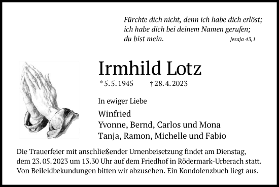 Traueranzeige von Irmhild Lotz von OF