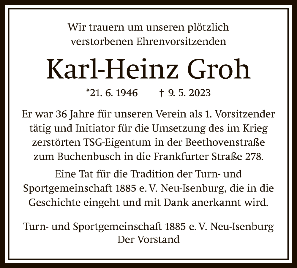  Traueranzeige für Karl-Heinz Groh vom 18.05.2023 aus OF