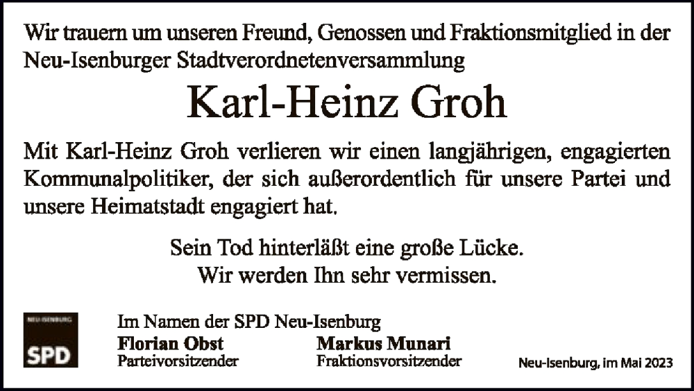  Traueranzeige für Karl-Heinz Groh vom 18.05.2023 aus OF