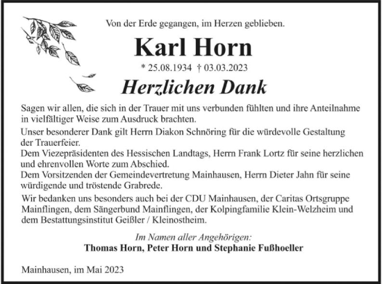 Traueranzeige von Karl Horn von OF