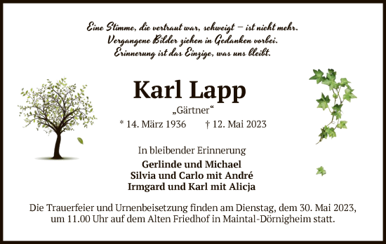 Traueranzeige von Karl Lapp von OF