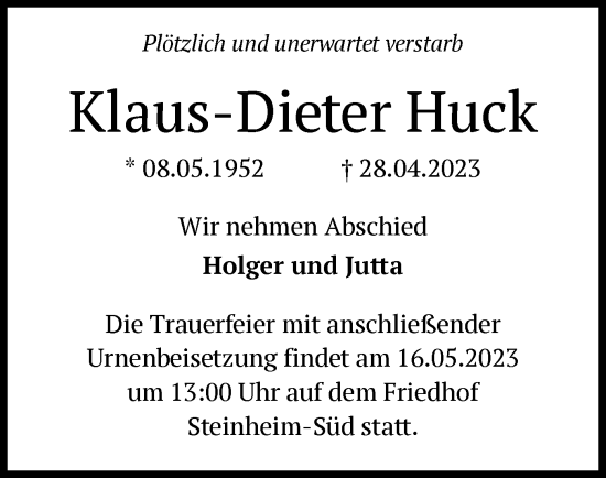 Traueranzeige von Klaus-Dieter Huck von OF