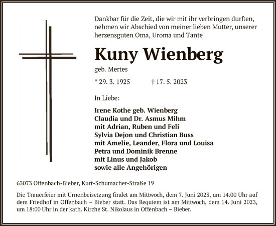 Traueranzeige von Kuny Wienberg von OF