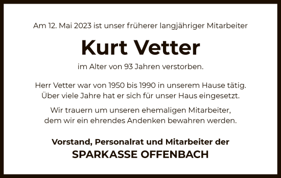 Traueranzeige von Kurt Vetter von OF