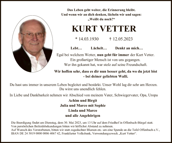 Traueranzeige von Kurt Vetter von OF