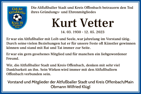 Traueranzeige von Kurt Vetter von OF