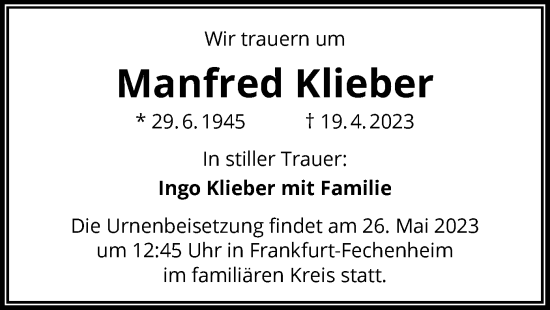 Traueranzeige von Manfred Klieber von OF