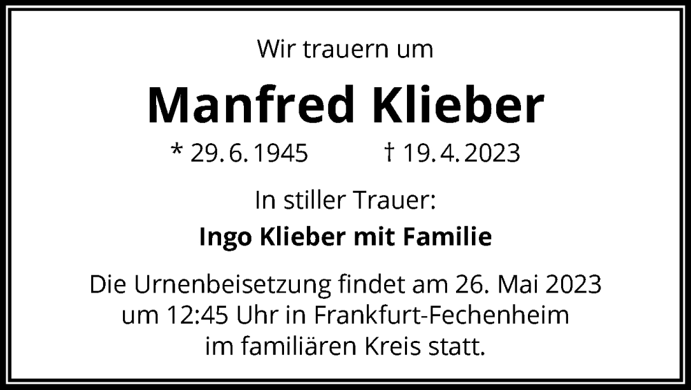  Traueranzeige für Manfred Klieber vom 20.05.2023 aus OF