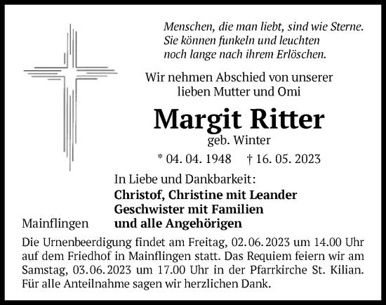 Traueranzeige von Margit Ritter von OF