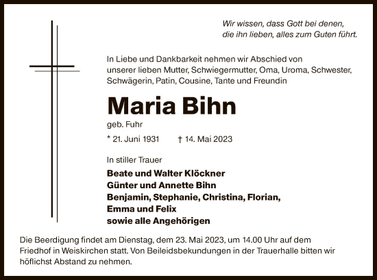 Traueranzeige von Maria Bihn von OF