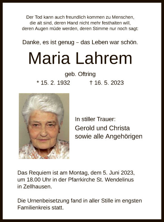 Traueranzeige von Maria Lahrem von OF