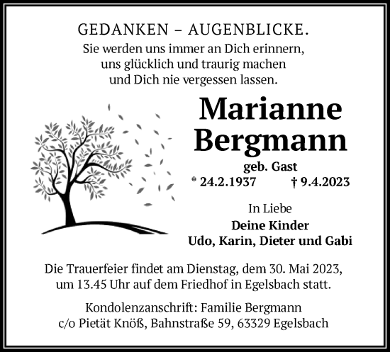 Traueranzeige von Marianne Bergmann von OF