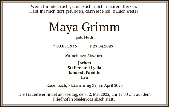 Traueranzeige von Maya Grimm von OF