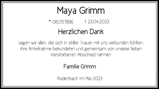 Traueranzeige von Maya Grimm von OF