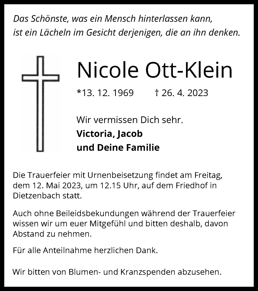  Traueranzeige für Nicole Ott-Klein vom 10.05.2023 aus OF