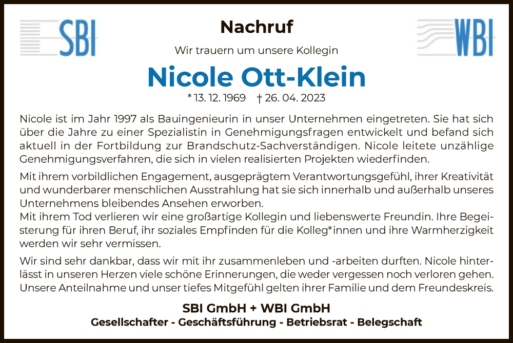  Traueranzeige für Nicole Ott-Klein vom 06.05.2023 aus OF