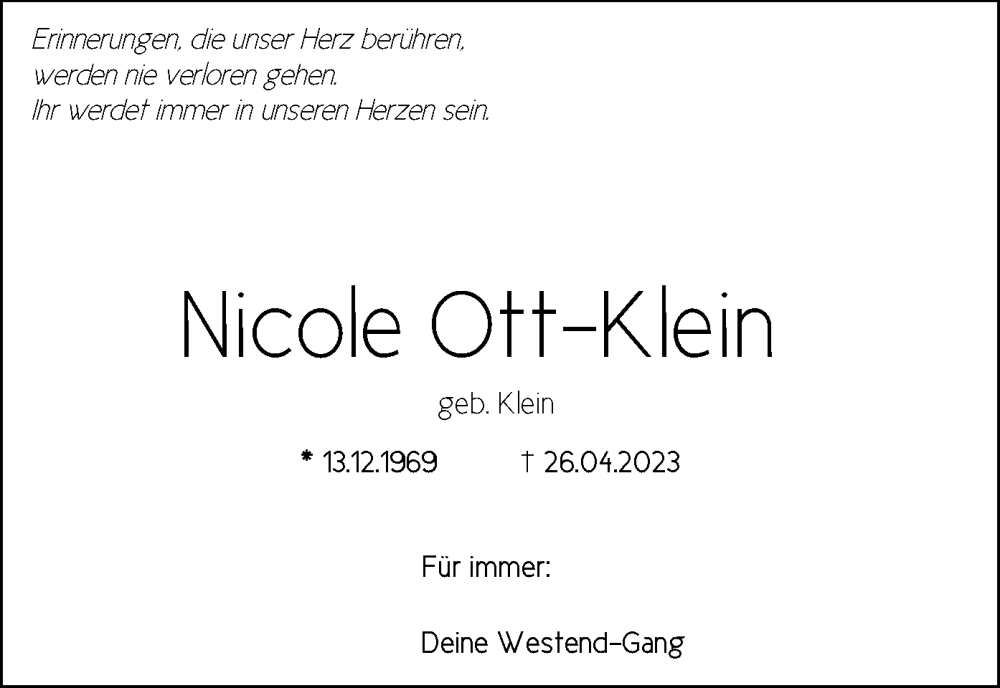  Traueranzeige für Nicole Ott-Klein vom 10.05.2023 aus OF