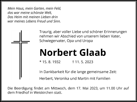 Traueranzeige von Nobert Glaab von OF